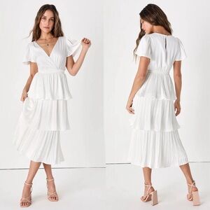 NWT Lulus White Satin Tiered Midi Dress